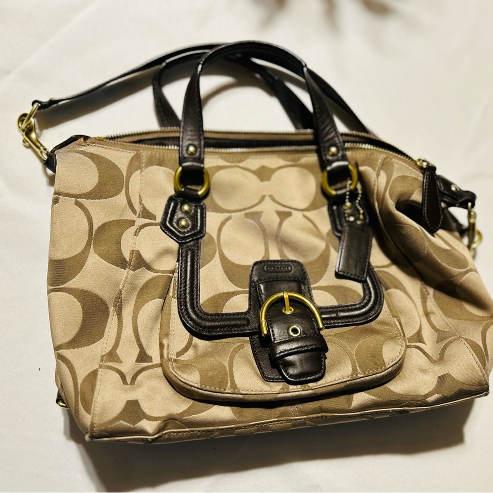 Coach Tan and Black Shoulder Bag with Signature Monogram
